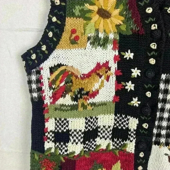 Tiara International Embroidered Button Sweater Vest Floral Rooster Country Large - Picture 10 of 16